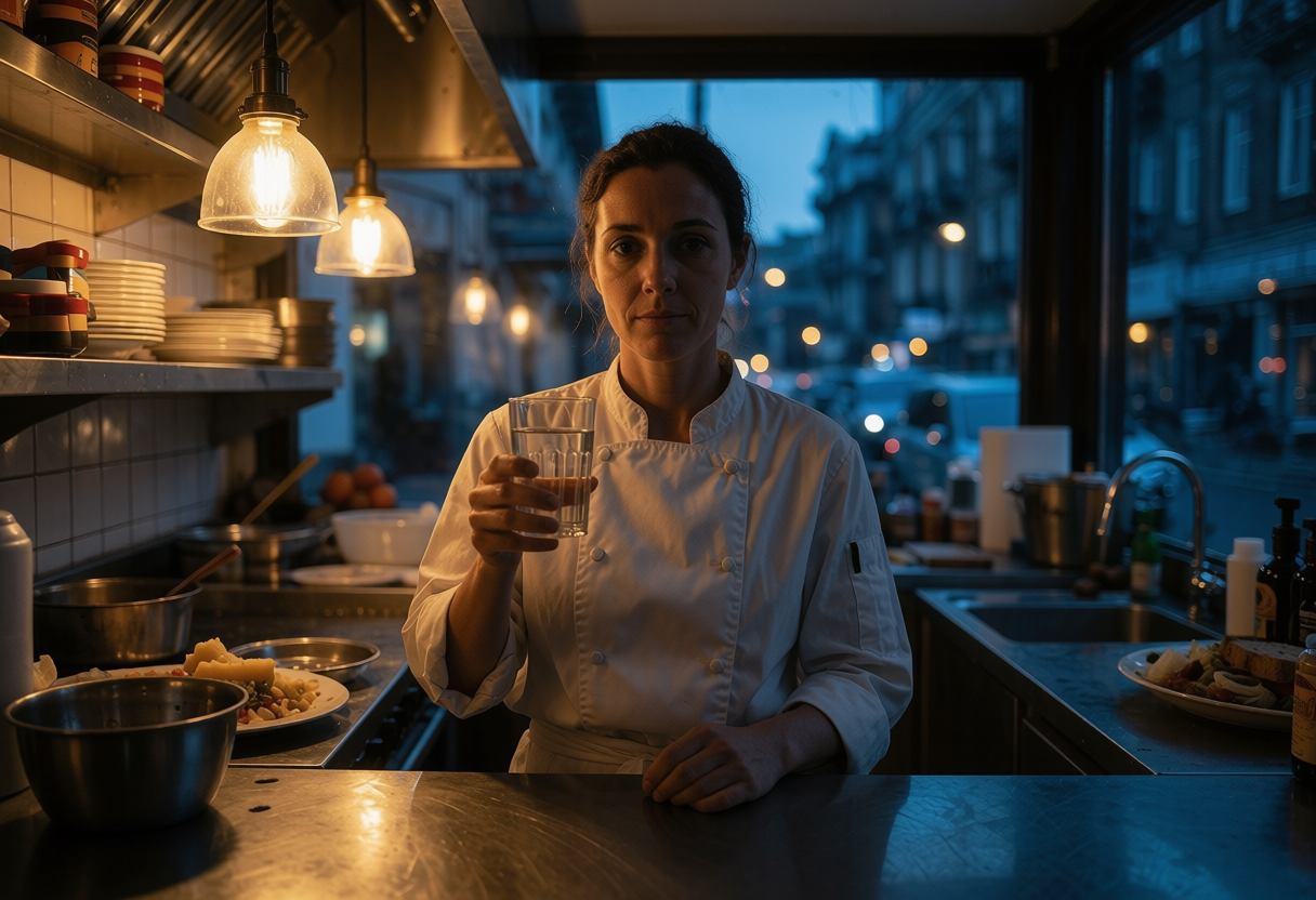 A chef holding a glass of water in a restaurant lit by warm pendant lamps and cool blue street light
