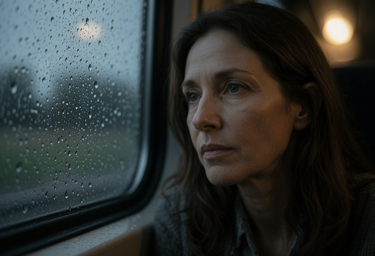 Model_mini portrait of a woman beside a rainy train window with cool daylight and a warm interior lamp