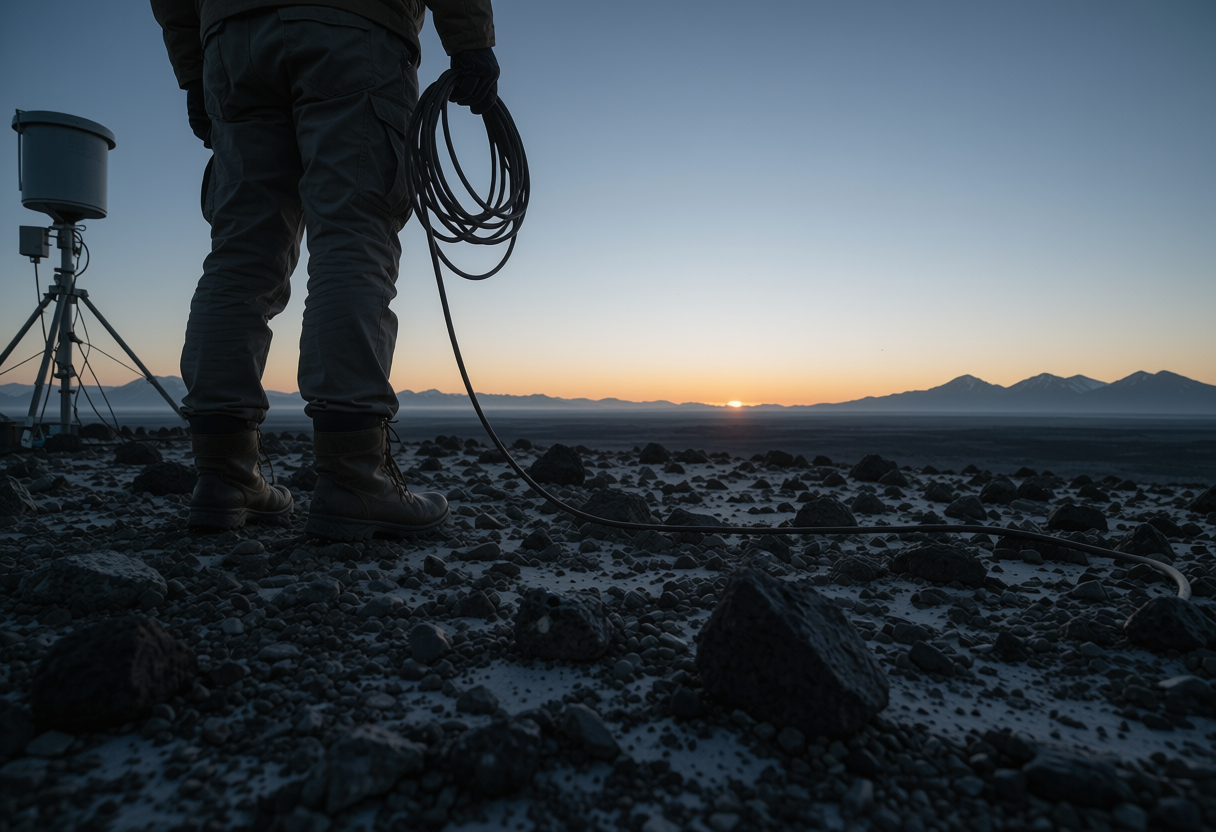 Low viewpoint of a field scientist's boots and coiled cable beside a weather station on a volcanic plain at dawn