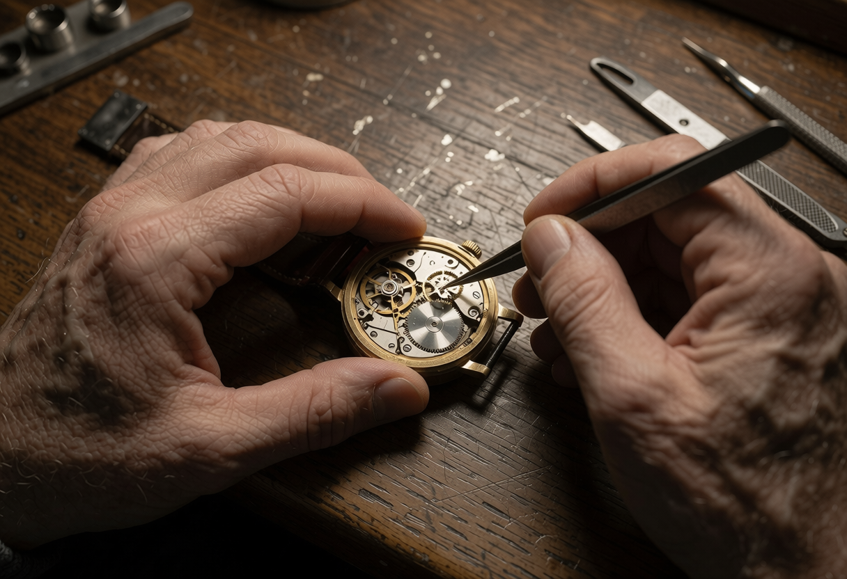 Model_mini close-up of a watchmaker's hands holding an open wristwatch and positioning tweezers over its mechanism