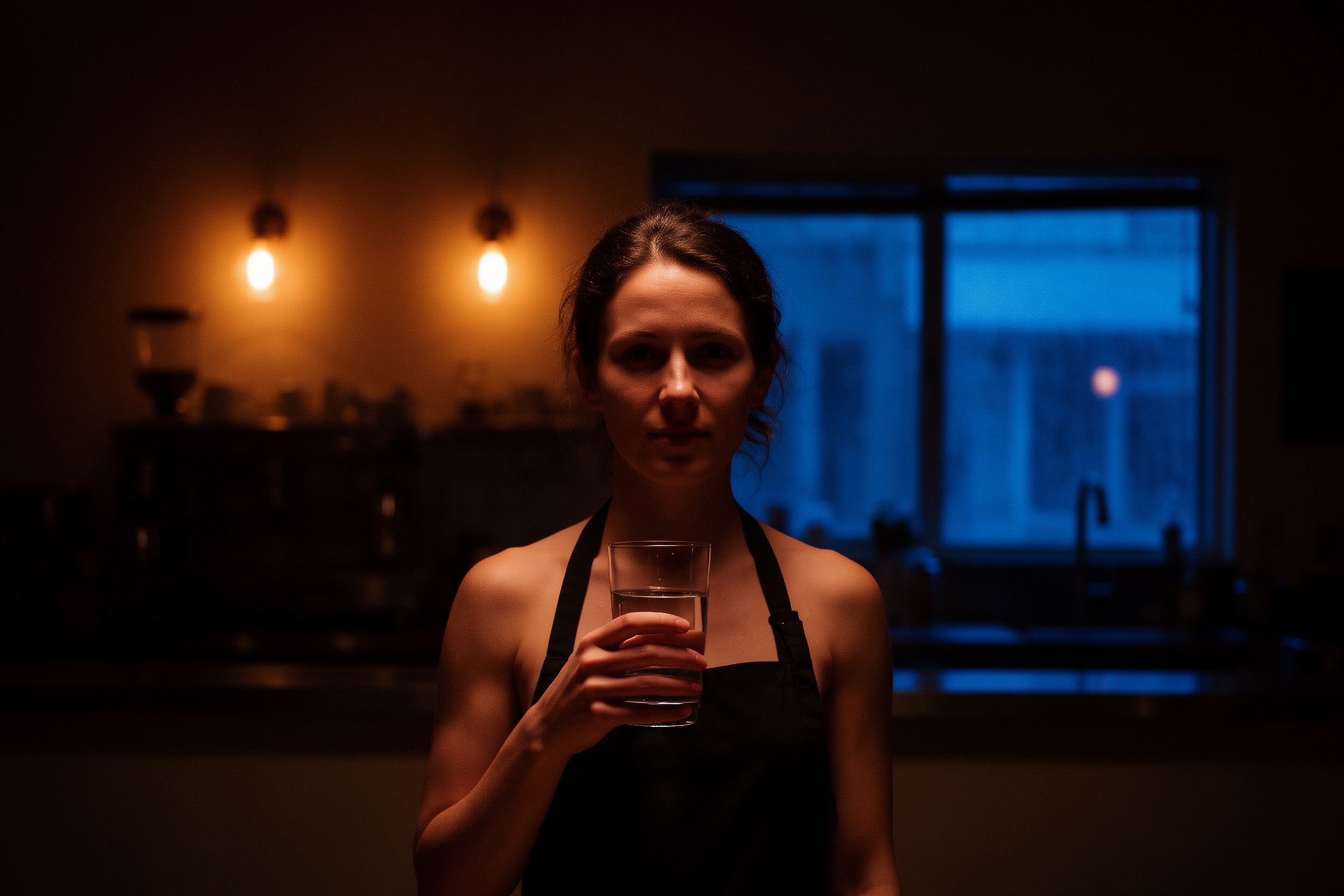 Model_max portrait of a woman in an apron holding a glass of water, with warm lamps and a blue-lit window behind her