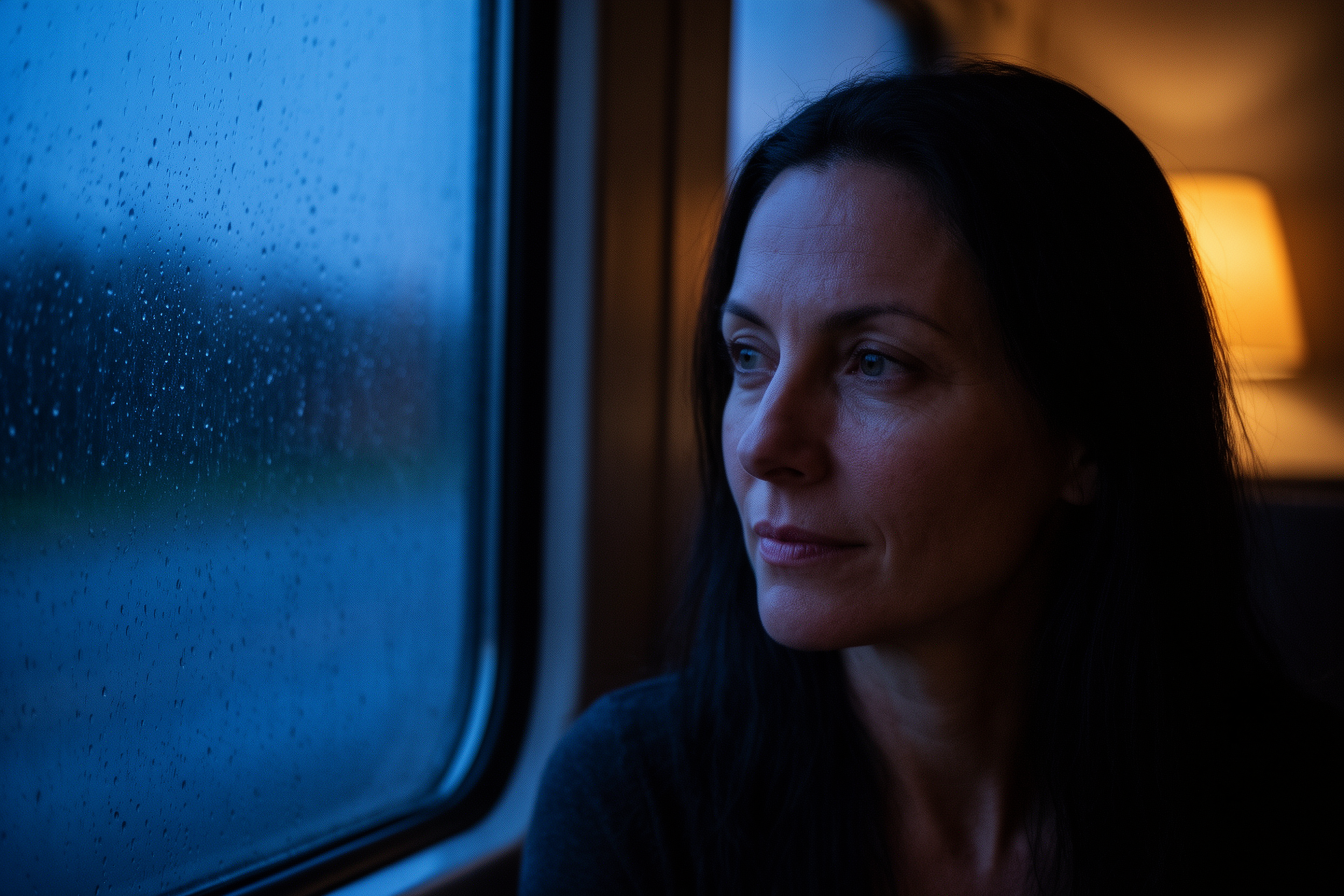 Model_max portrait of a woman beside a rain-covered train window, lit by blue daylight and a warm lamp