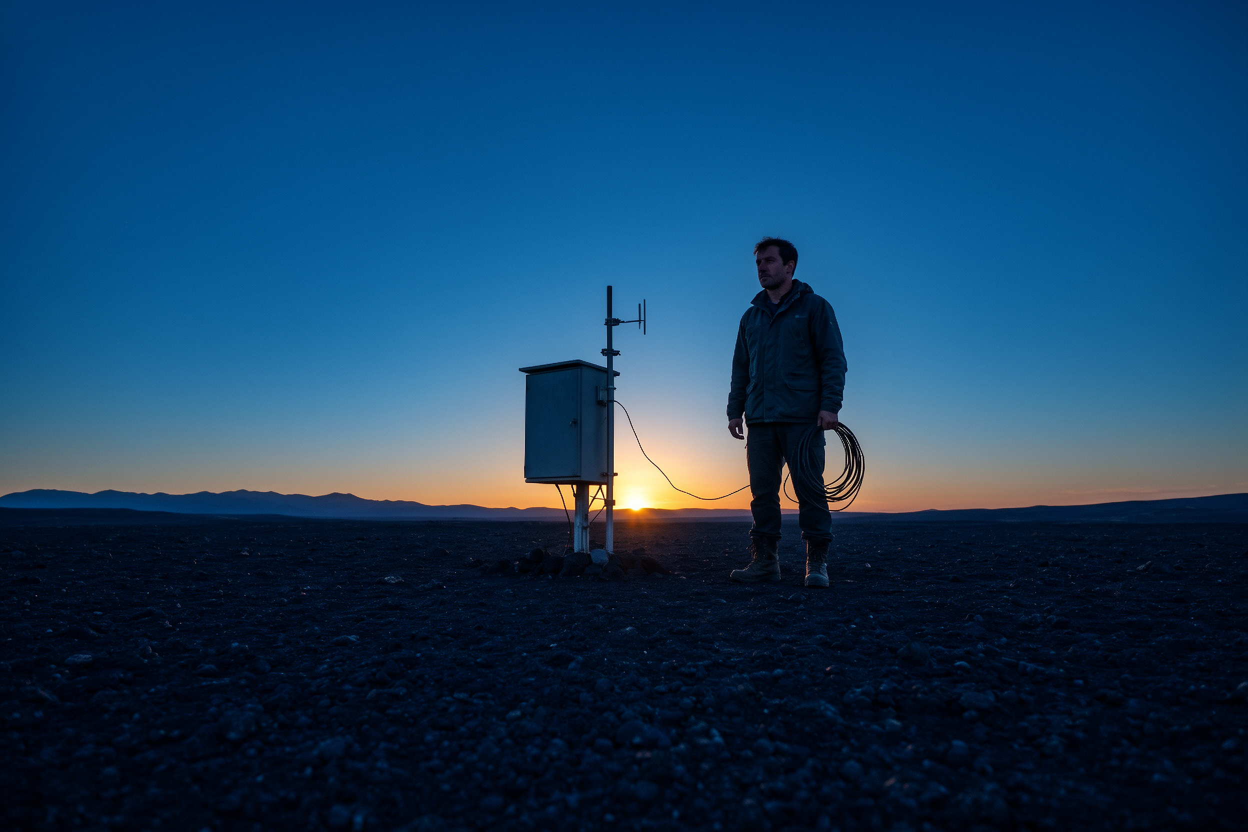 Model_max full-body view of a scientist holding a coiled cable beside a weather station on a volcanic plain at sunrise