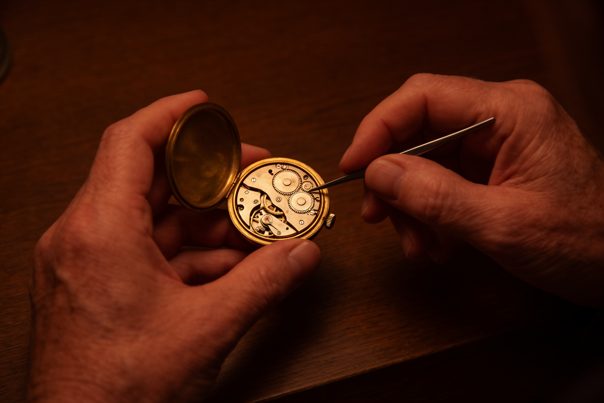 Model_max close-up of hands holding an open pocket watch and tweezers over its movement