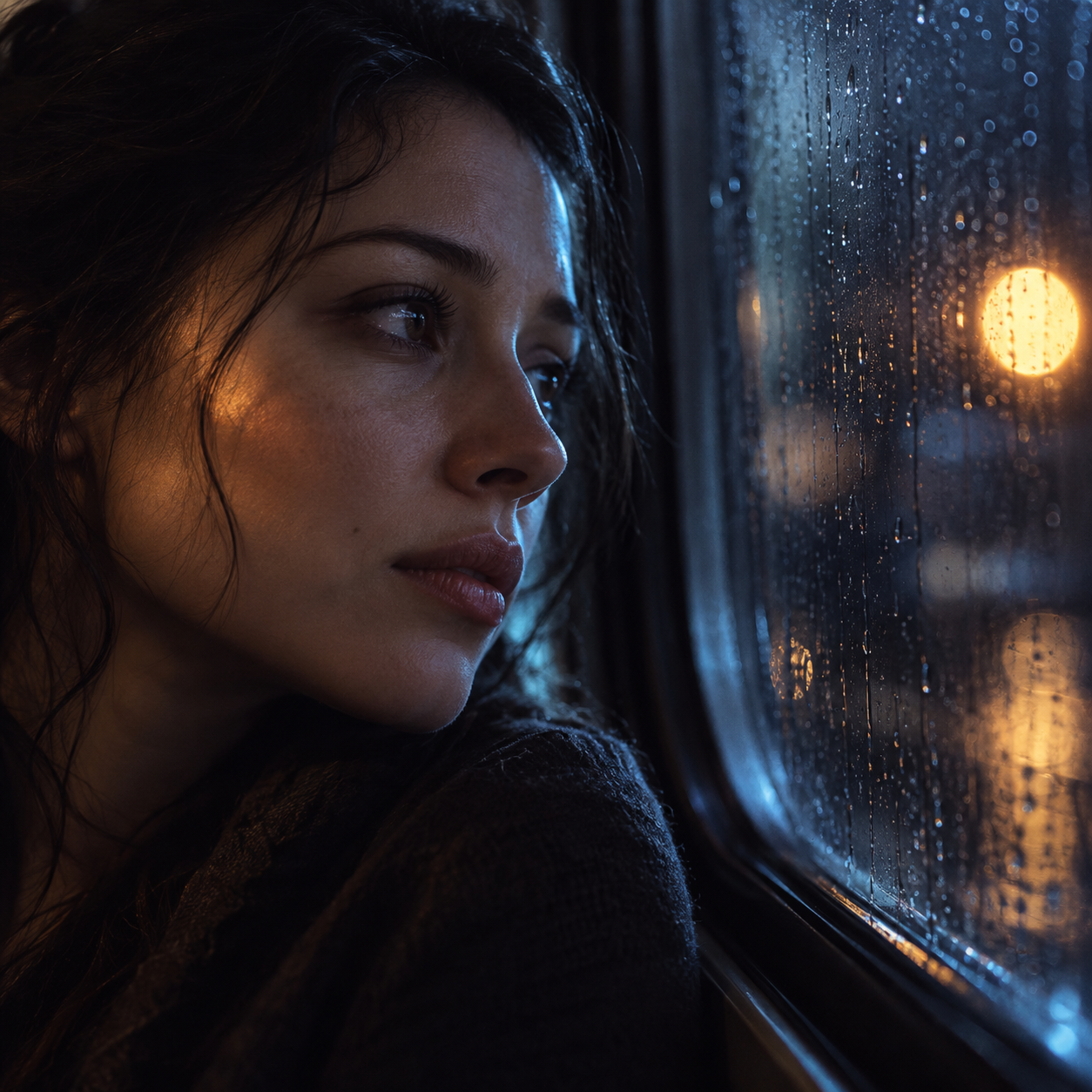 Illustrative cinema LoRA thumbnail: a woman beside a rain-speckled train window, lit in cool blue and warm amber