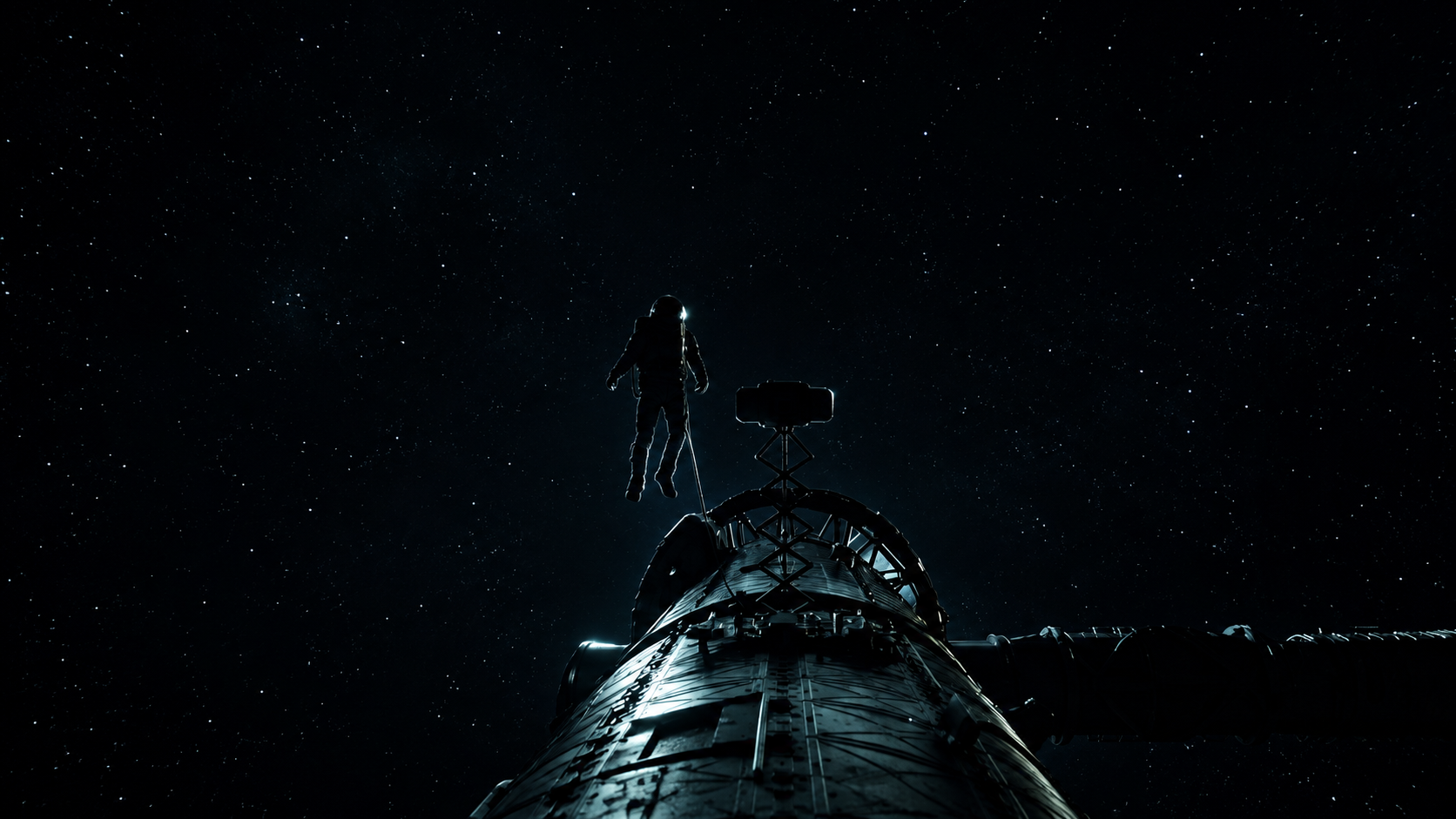 Astronaut tethered to a spaceship against a dark starfield