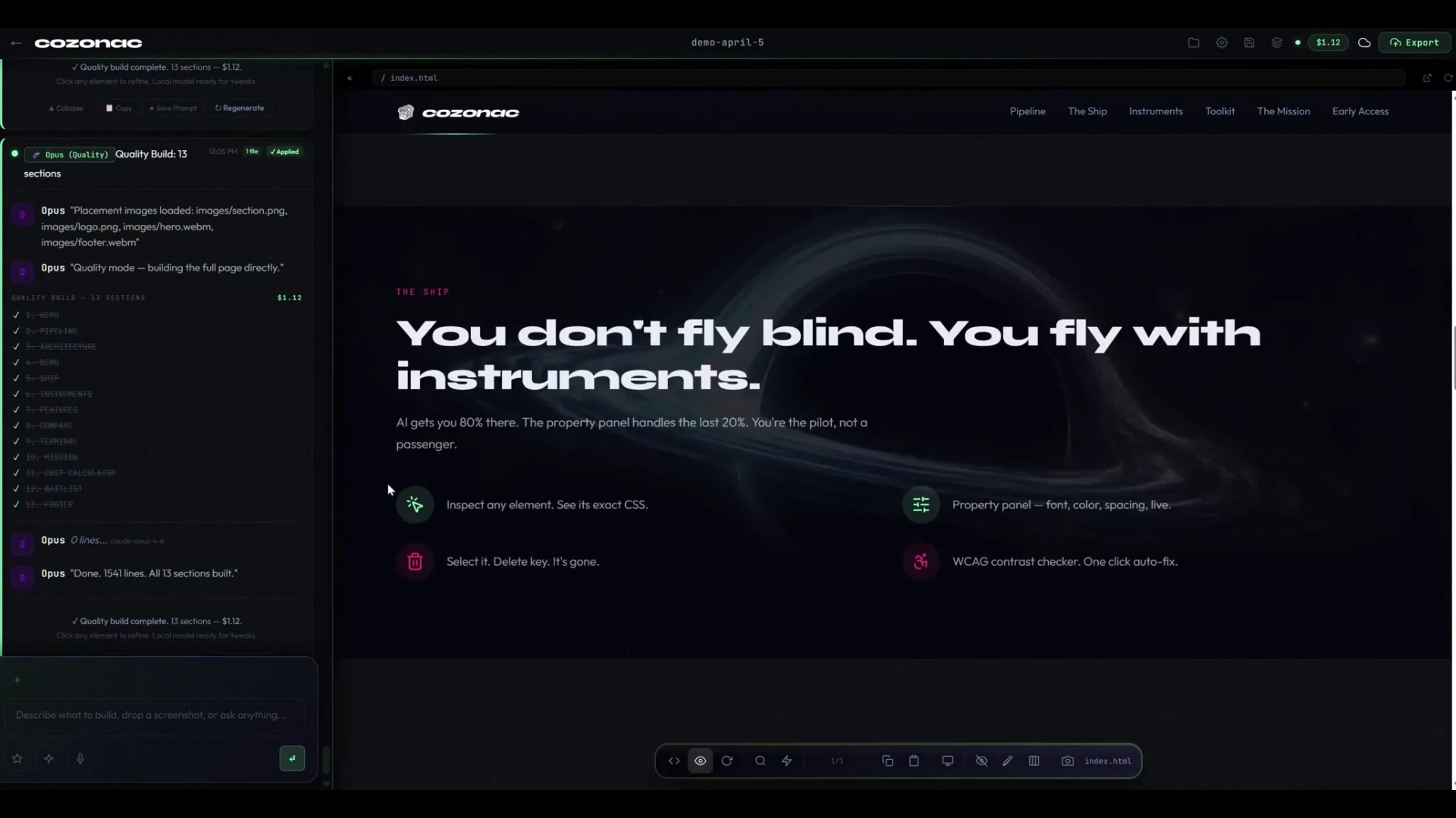 Cozonac workspace showing design controls and a generated page