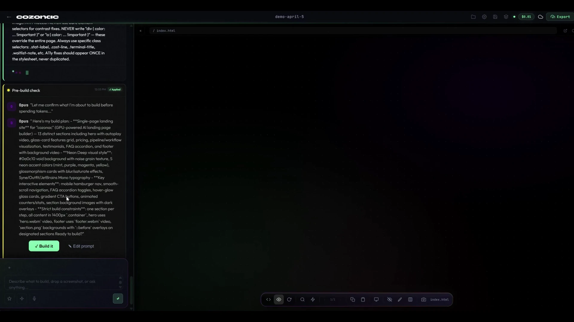 Cozonac pre-build confirmation beside the preview area