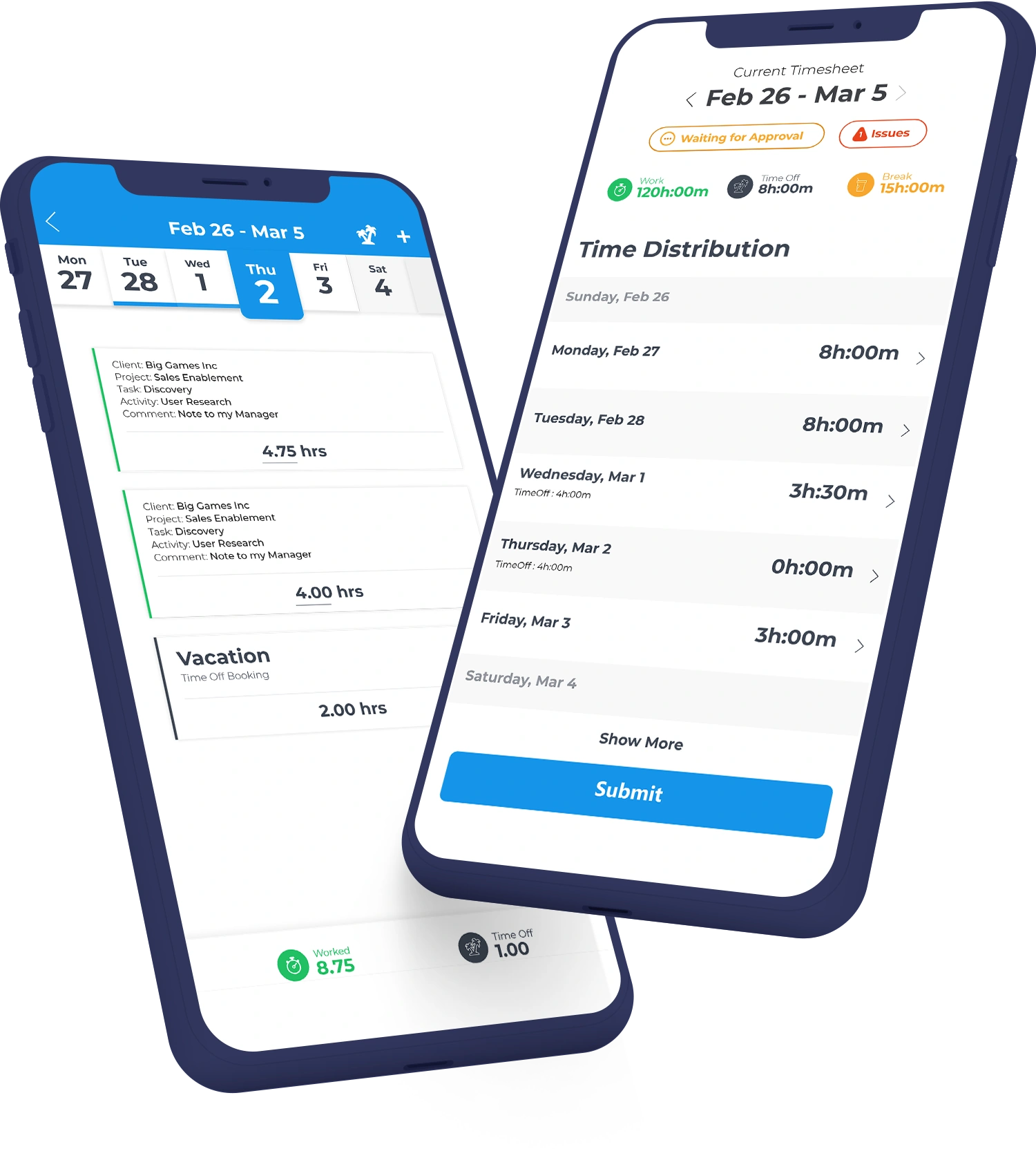 Original Replicon designs: detailed day entries beside weekly time distribution, approval status and submission