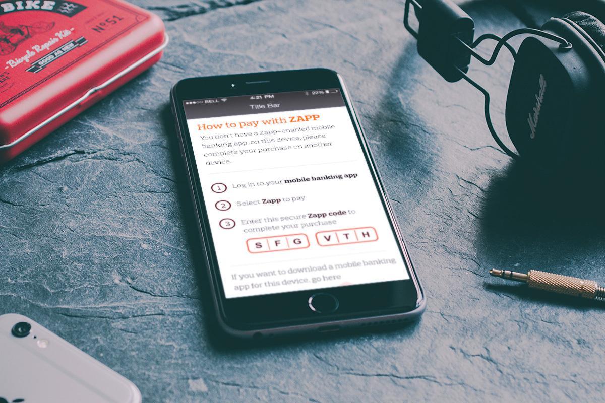 Zapp R1 overlay explaining how to continue payment in a banking app on another device